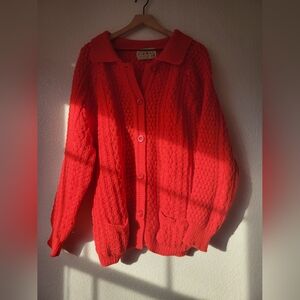 100% pure wool irish cable knit red cardigan